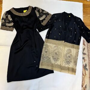 Ayesha Saeed Black Satin Midi Dress with 3/4 Jacket, Dress Size 4, Jacket S